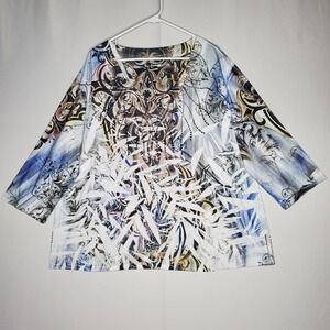 Las Olas Top Women 2X Blue Paisley Stamped Sequin 3/4 Grunge Y2K Witchy Fairy